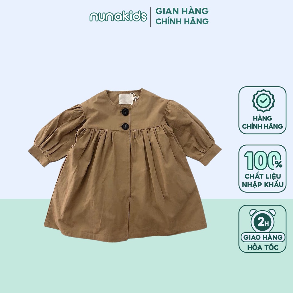 Váy áo babydoll không cổ khuy ngực NUNAKIDS màu be chất liệu mềm mịn cho bé gái từ 1 đến 8 tuổi