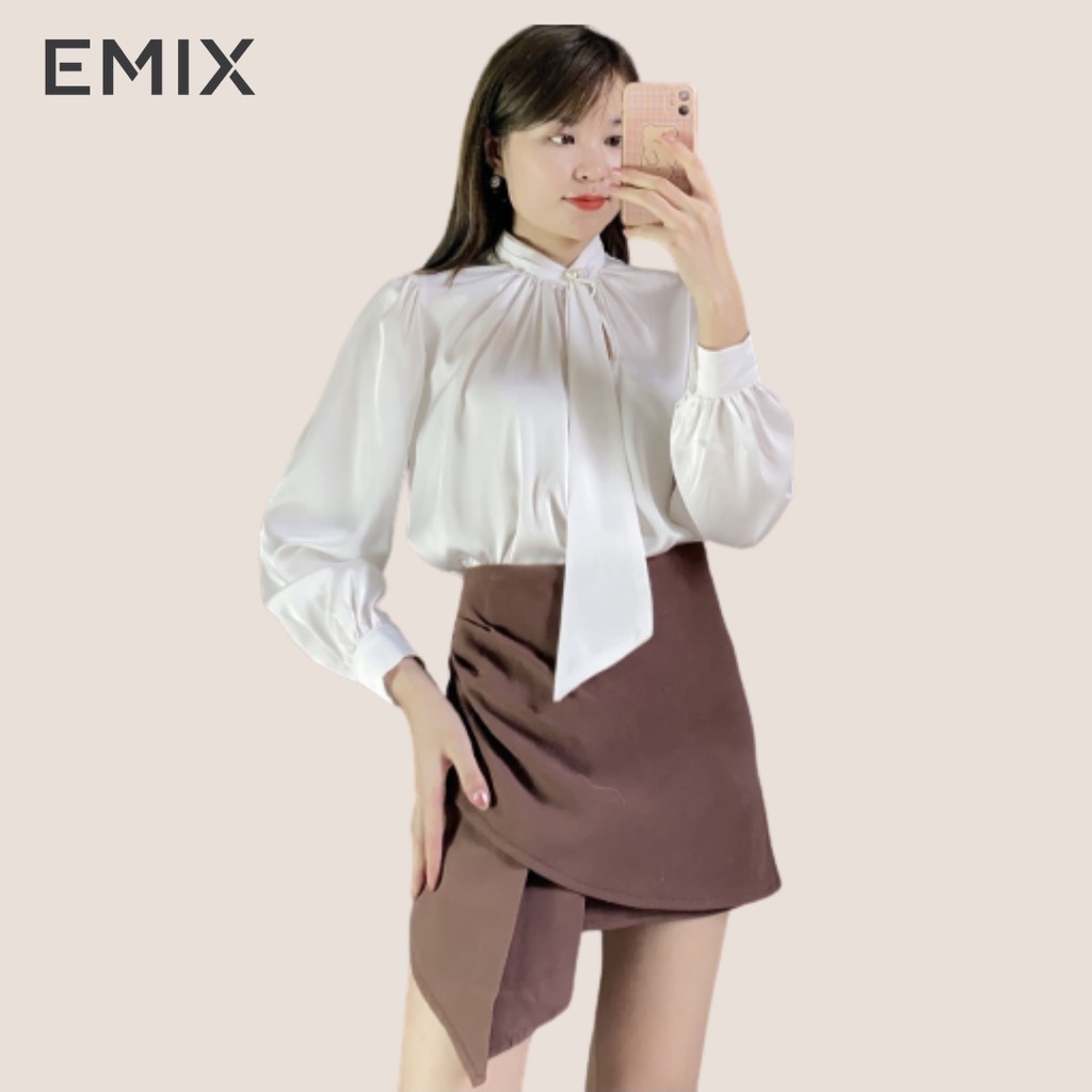 Set áo sơ mi nữ chất lụa phối nơ dài tay mix chân váy ngắn dáng chữ A vạt chéo họa tiết EMIX năng động | BigBuy360 - bigbuy360.vn