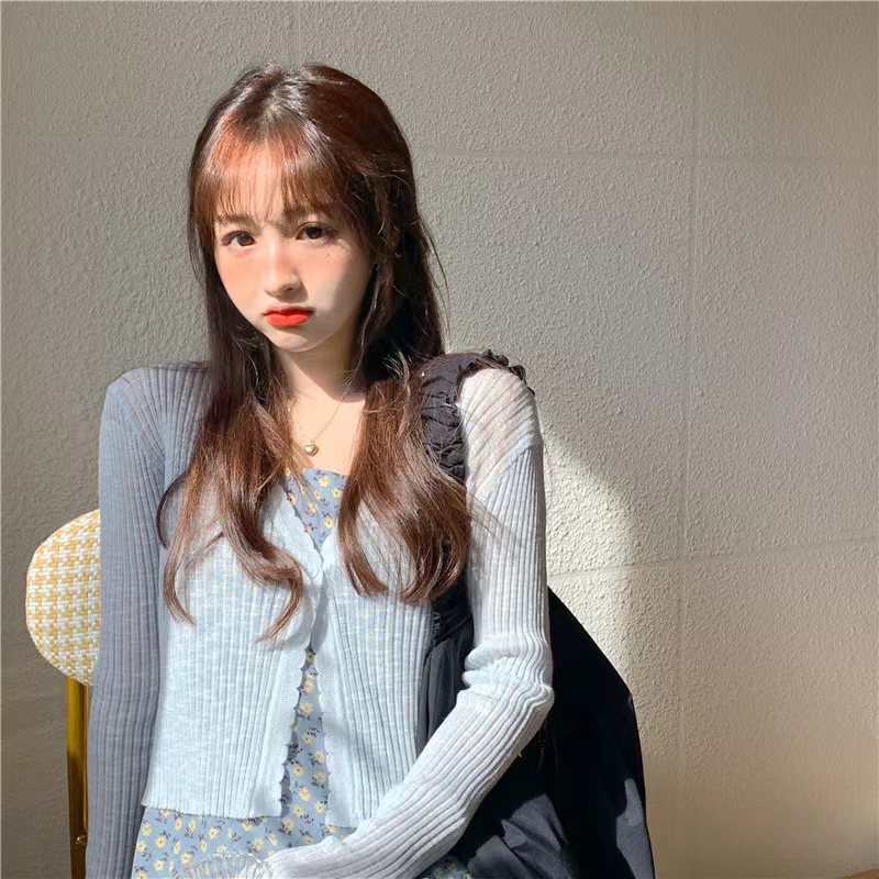 【Hana and Alice】Áo Khoác Cardigan Dệt Kim Vải Lụa Lạnh Tay Dài Chống Nắng Nhẹ Nhàng Kẻ Sọc Màu Trắng Mùa Hè Cho Nữ