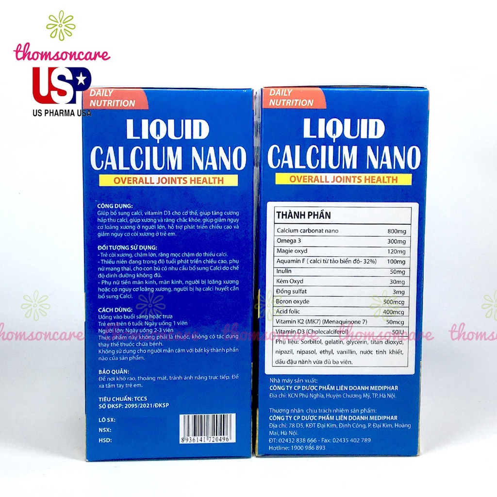 Canxi nước Liquid Calcium bổ sung canxi Nano hữu cơ dễ hấp thụ từ tảo biển, có thêm D3, Magie, giảm loãng xương