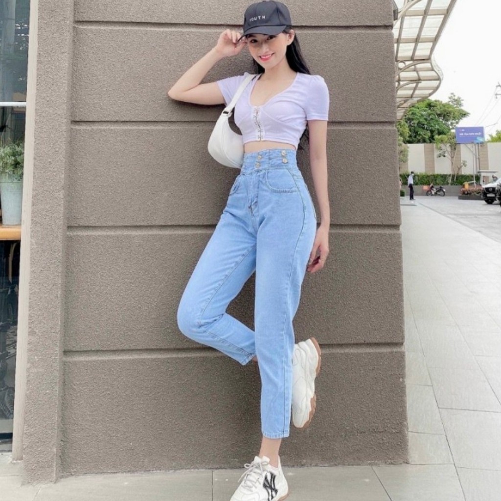 Quần Baggy Lưng Cao Dài 9 tấc Màu Xanh Nhạt