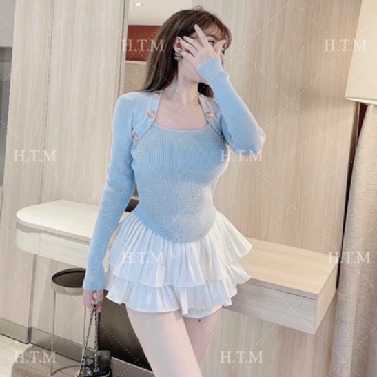 Áo len cổ vuông khuy vai, Áo kiểu dáng ôm cổ U dài tay AL1736 - NhiNhi Shop