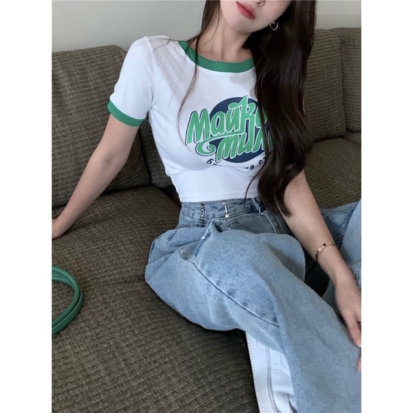 ÁO CROPTOP THUN BO CỔ VẸT HOẠ TIẾT (TH)