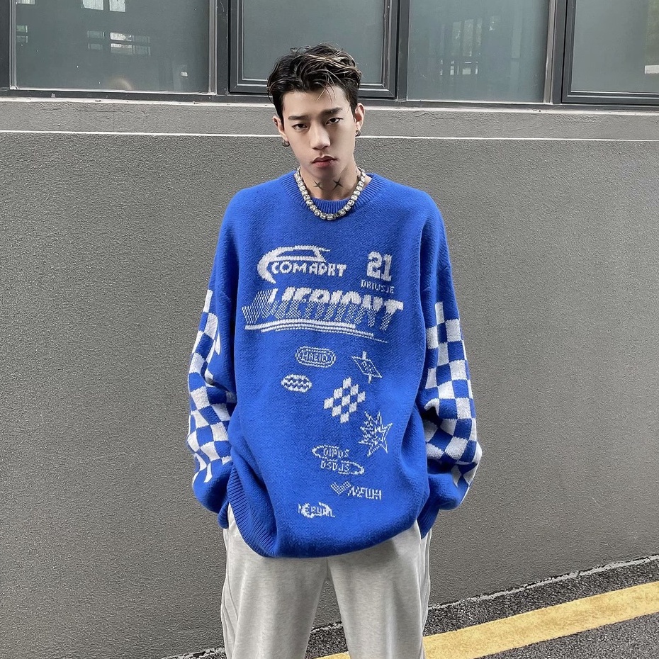 Áo Sweater Nam Tay Dài Cổ Tròn Dáng Rộng Họa Tiết Sọc Caro Phong Cách Retro Hàn Quốc Cao Cấp Cho Nam Bigsize Fashion Unisex  Áo Dài Tay Simple Áo Len Nỉ Nữ