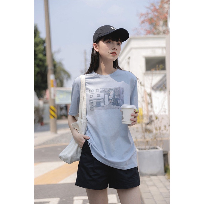 Áo Thun Ngắn Tay Cổ Tròn Dáng Rộng In Họa Tiết Đơn Giản Theo Phong Cách Hàn Quốc