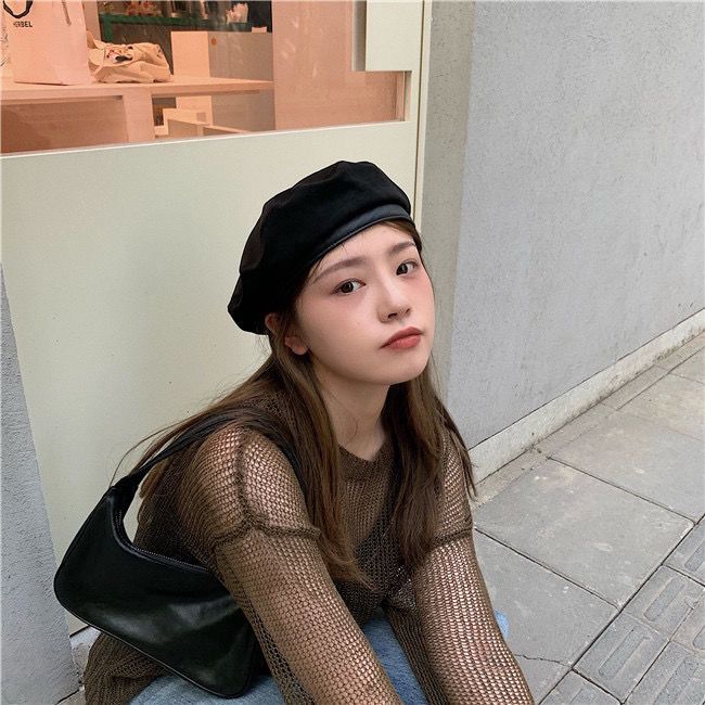 Mũ Beret Da pu Màu Trơn Thời Trang Vintage Nhật Hàn Cho Nữ