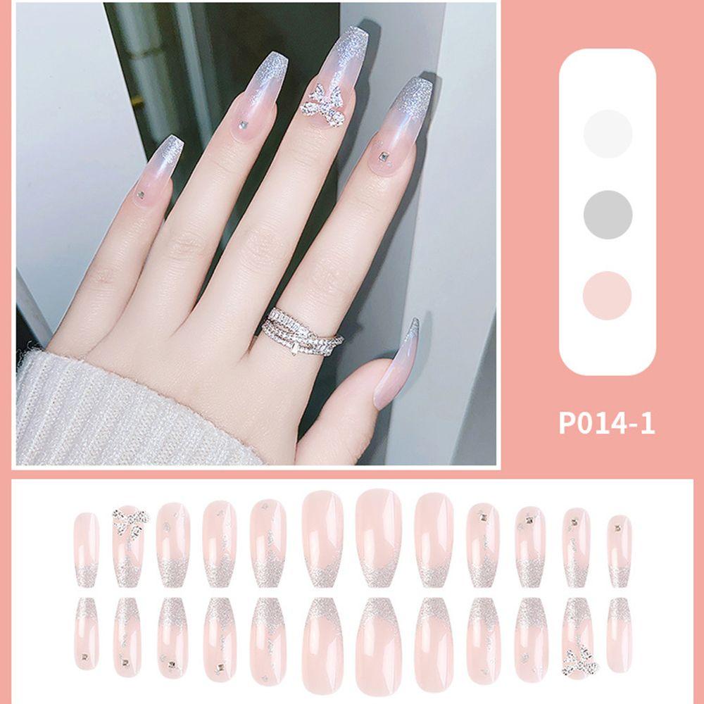 Hộp 24 Móng Tay Giả Ngắn Tự Dính Trang Trí Nơ Lấp Lánh Dễ Thương