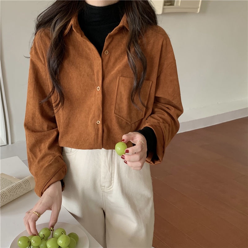 Áo Sơ Mi Form Rộng Chất Liệu Nhung Kẻ Phong Cách retro Mới