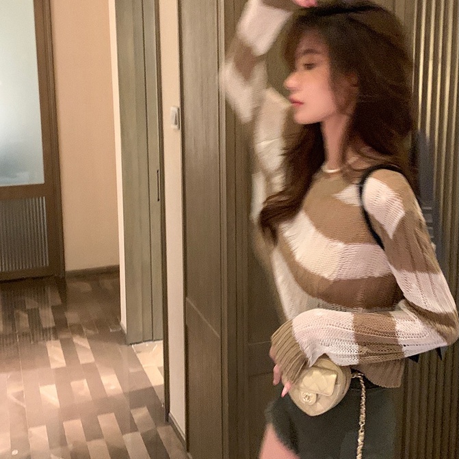 【ZHELIHANGFEI】Áo Dệt Kim Tay Dài Lưng Cao Kẻ Sọc Cá Tính Quyến Rũ Cho Nữ