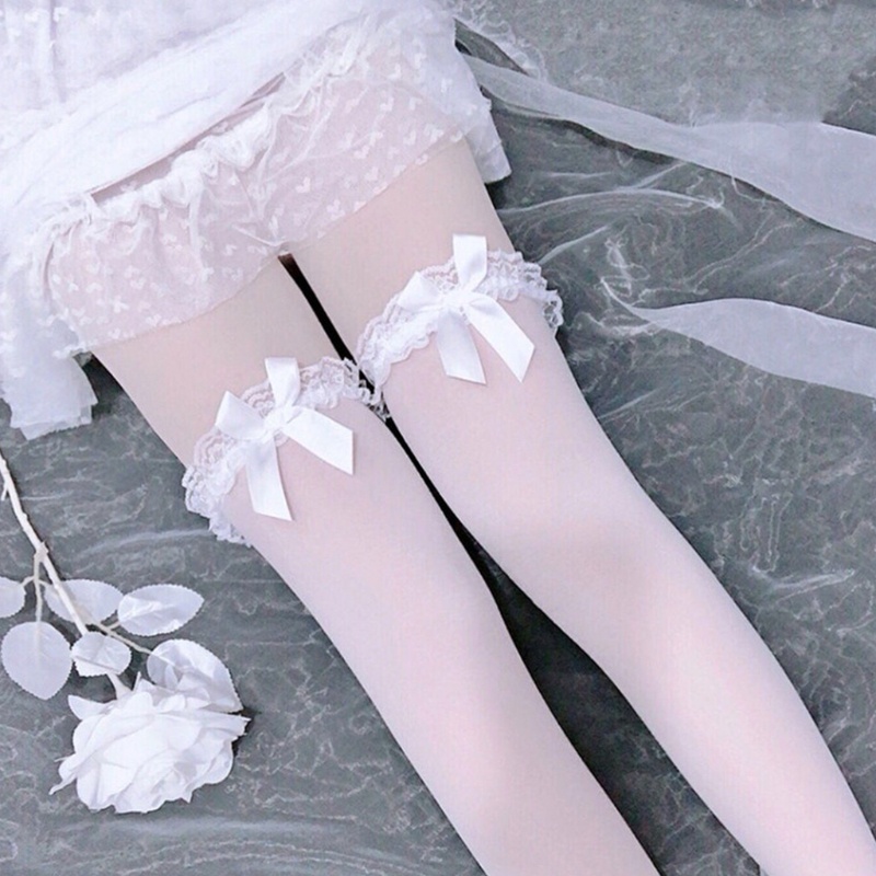 Vớ Dài Qua Gối Phối Ren Bèo Đính Nơ Phong Cách Lolita Ngọt Ngào Cho Nữ
