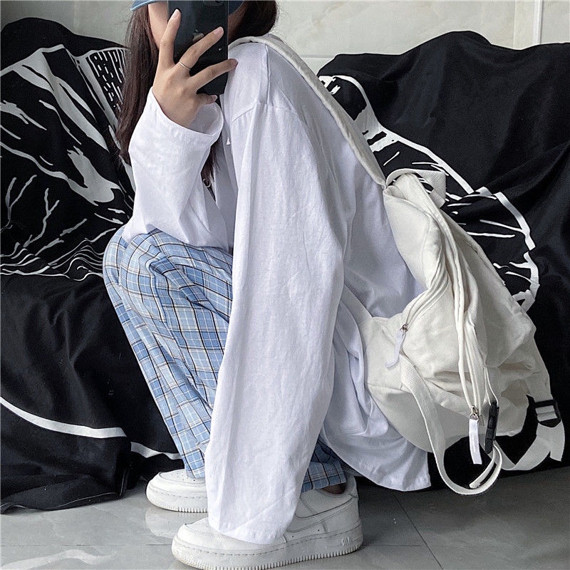 Áo Thun Tay Dài Dáng Rộng Chất Liệu 100% Cotton Màu Sắc Trơn Thời Trang Mùa Thu Hàn Quốc Cho Nữ 2021