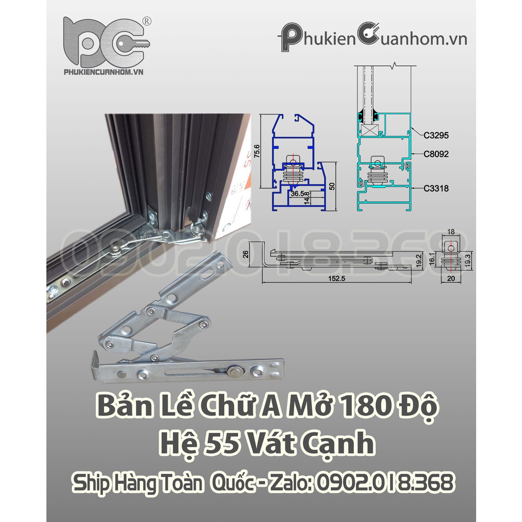 Bản lề chữ A mở 180 độ cửa sổ mở quay hệ 55