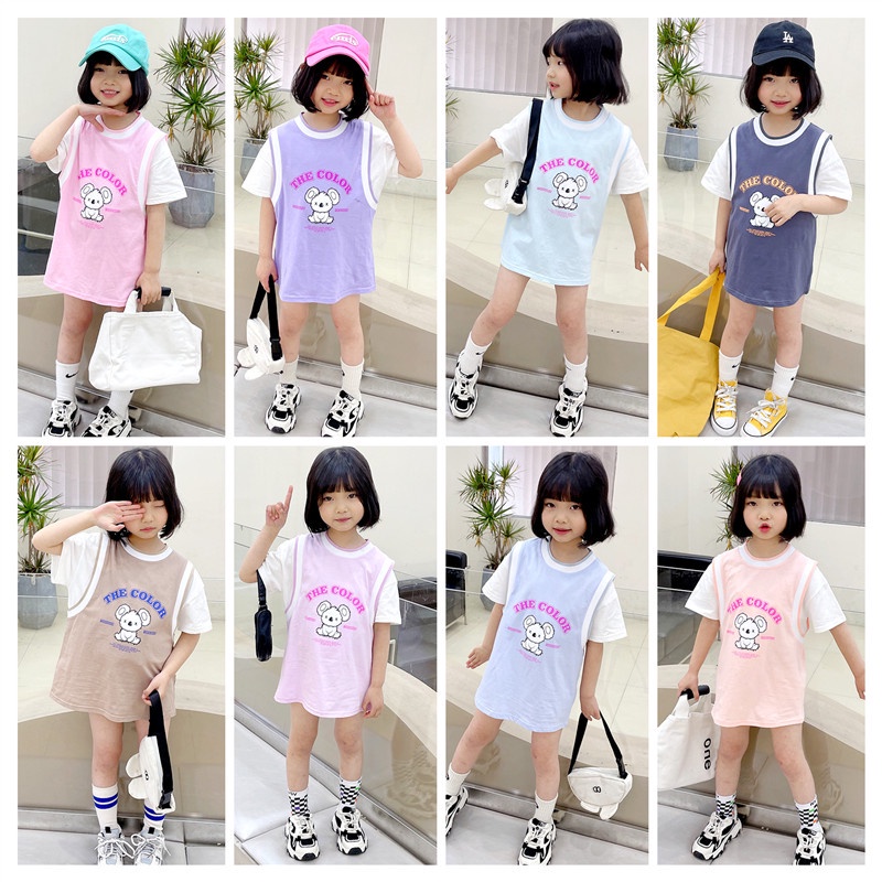 [LF.VN] Đầm Thun Cotton Giả Hai Mảnh Tay Ngắn Thời Trang Xuân Hè Đường Phố Cho Bé Gái 100-160cm