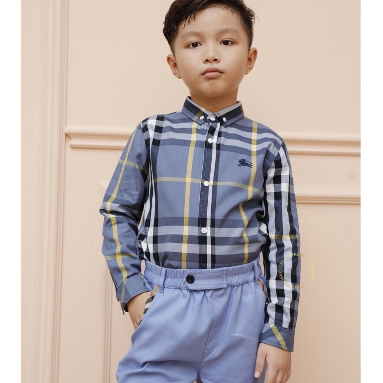 Áo sơ mi bé trai dài tay chất cotton 137KIDS caro xanh dương phong cách Hàn Quốc