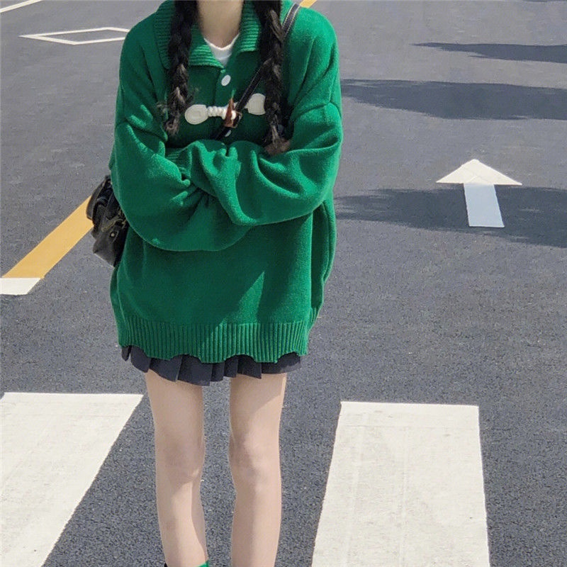 Áo Sweater Cổ Polo Dáng Rộng Màu Xanh Lá Phong Cách Hàn Quốc Thời Trang Thu Đông Cho Nữ