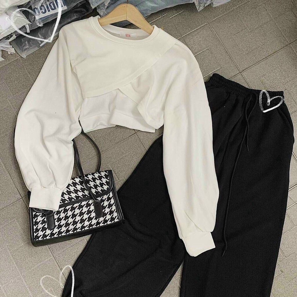 Set quần áo nữ 3 món croptop chéo mix quần jogger ống rộng rút dây/ Áo thun dài tay dáng ngắn kèm quần suông ulzzang