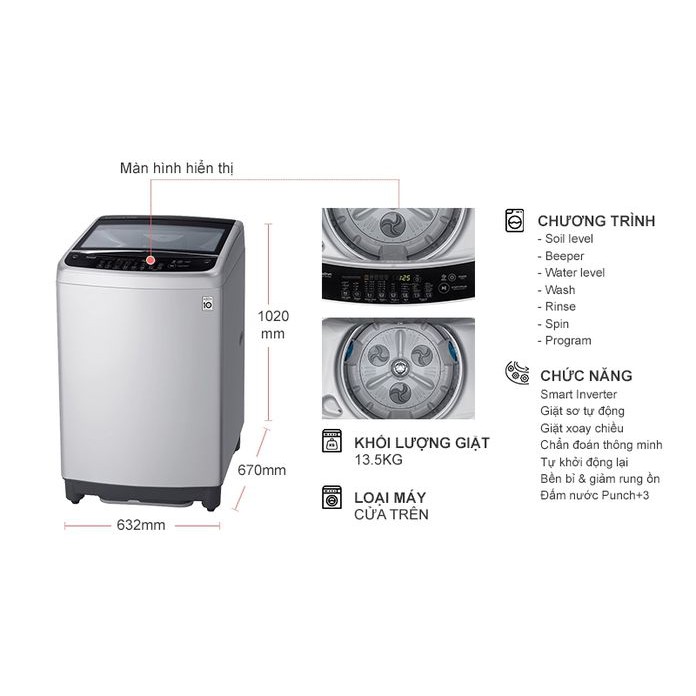 MiỄN PHÍ CÔNG LẮP ĐẶT - T2555VS2M - Máy giặt LG T2555VS2M, 15.5kg, Smart Inverter