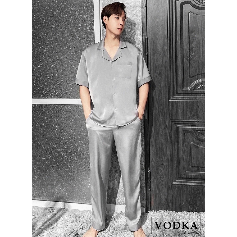 Đồ ngủ nam pijama lụa ngọc trai mềm mại màu xám nhạt tôn da nam nữ mặc đẹp T36N