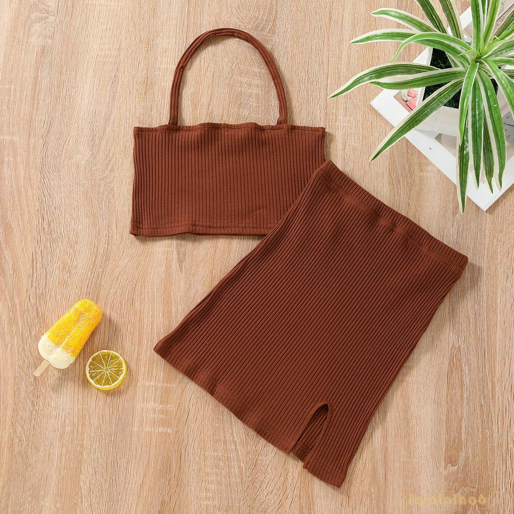 Bộ Áo Cổ Yếm Không Tay Và Chân Váy Xẻ Tà Thời Trang Hè Thoải Mái Cho Bé Gái 2-7 Tuổi