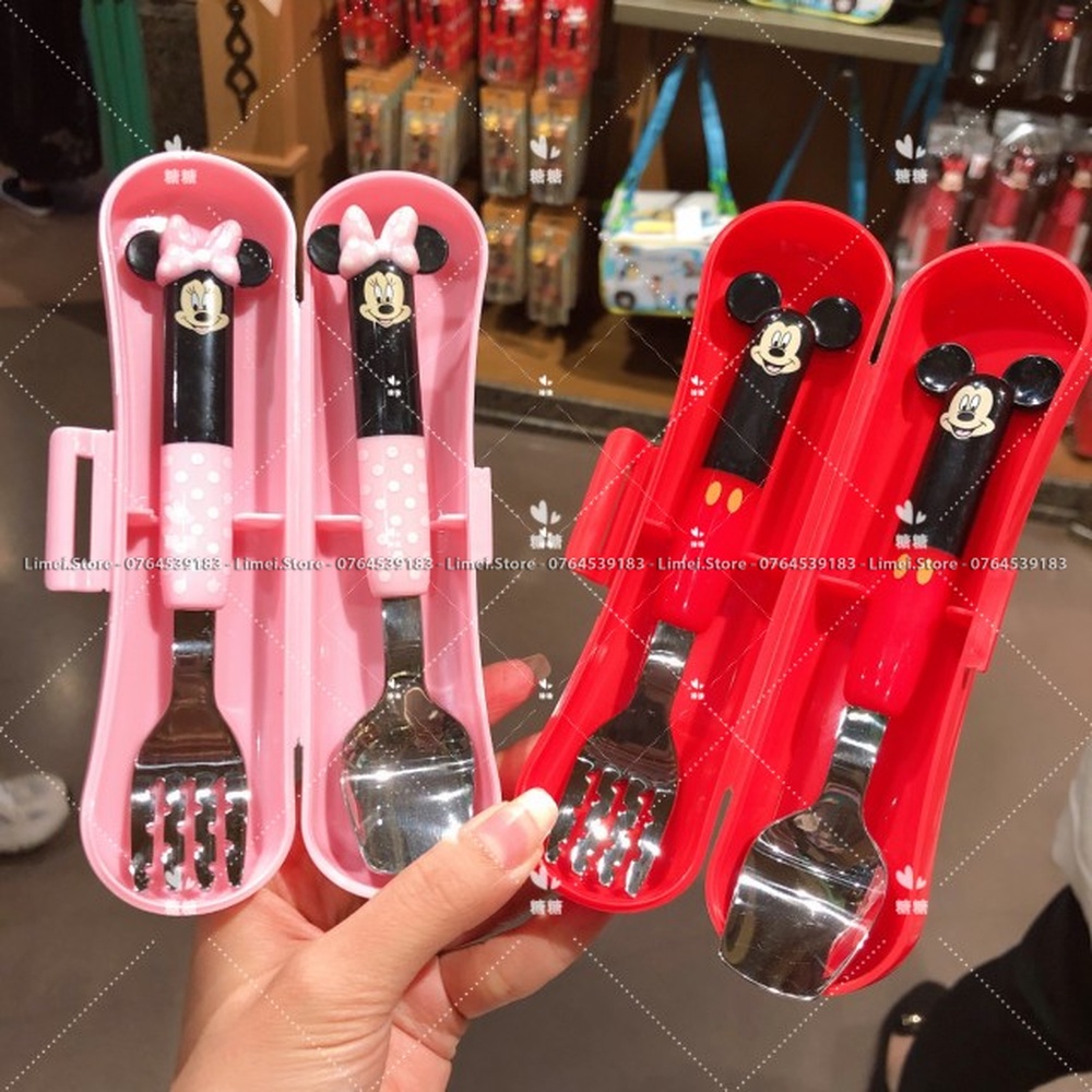 Set muỗng nĩa inox hộp hình Mickey Minnie cho trẻ em bé trai gái Disney