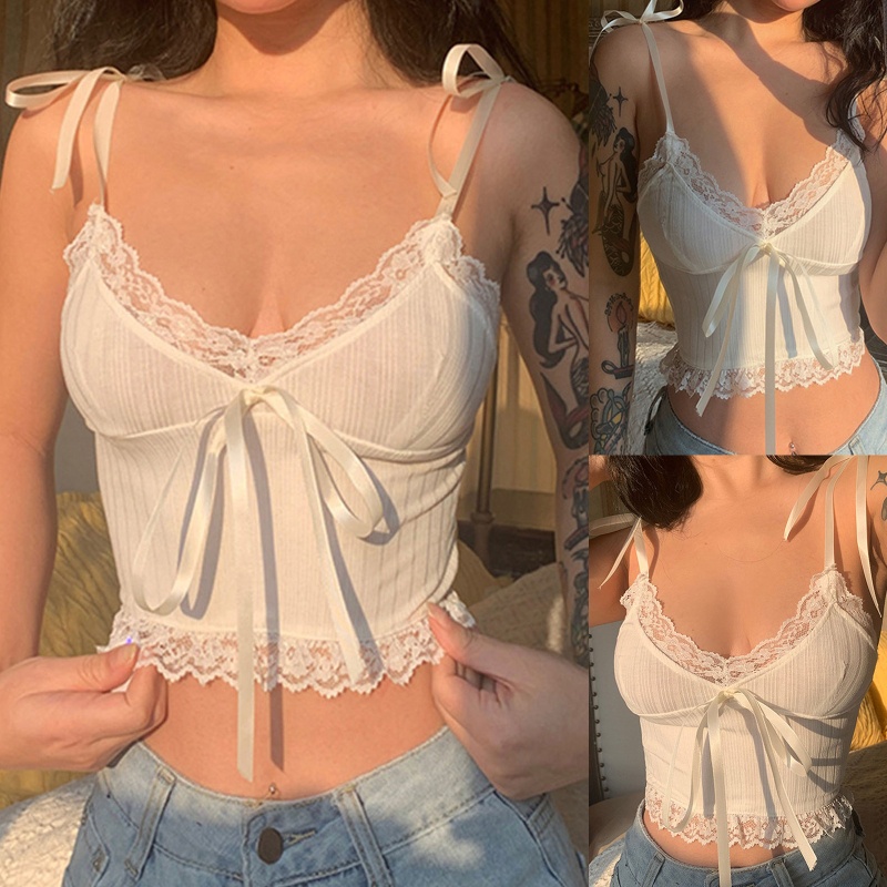 Áo Croptop Hai Dây Cổ Chữ V Thắt Nơ Quyến Rũ Cho Nữ