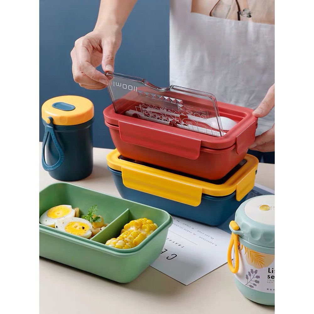 Hộp cơm văn phòng giữ nhiệt 2 ngăn Lunch Box 1100ml tặng kèm đũa thìa lúa mạch | BigBuy360 - bigbuy360.vn