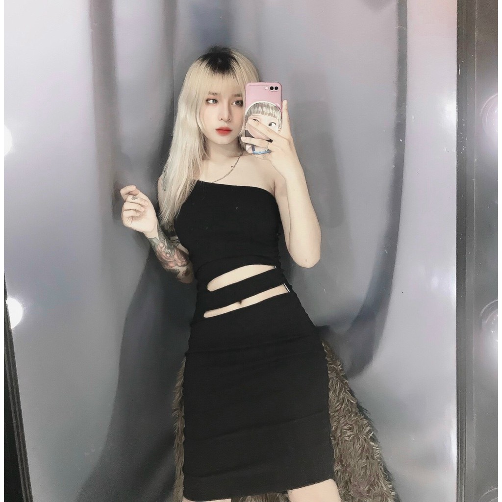 đầm kiểu khoe dáng sexy áo yếm lệch chân váy cut out khoét xinh, đi chơi đi tiệc cực đẹp
