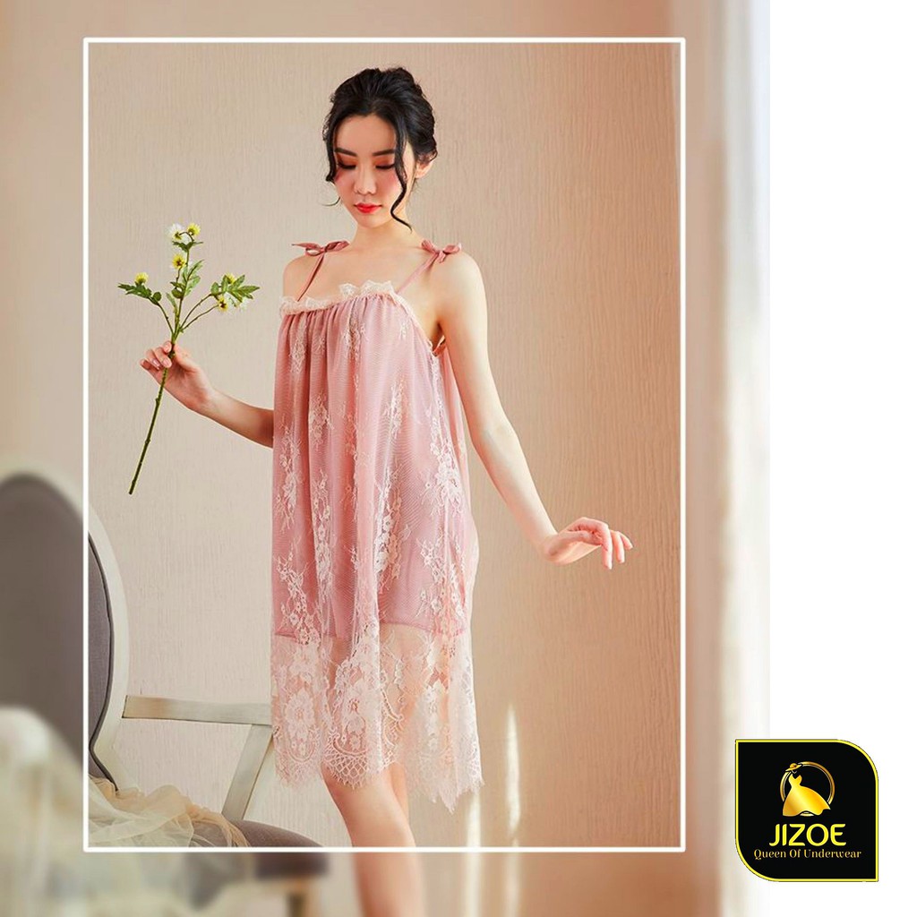 Váy ngủ nữ Hàn Quốc đẹp dễ thương Ren Sexy gợi cảm quyến rũ chất liệu Voan mềm xuyên thấu JIZOE VYN15
