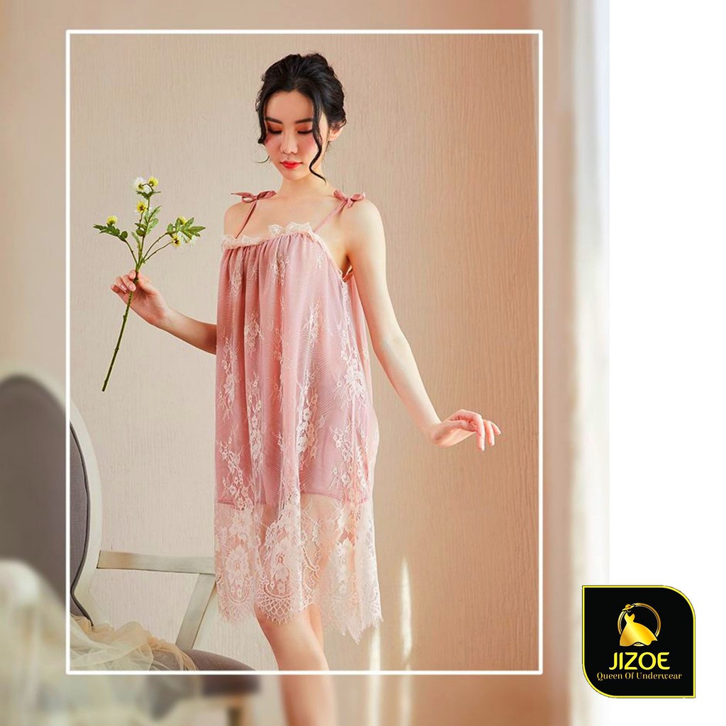 Váy ngủ nữ Hàn Quốc đẹp dễ thương Ren Sexy gợi cảm quyến rũ chất liệu Voan mềm xuyên thấu JIZOE VYN15