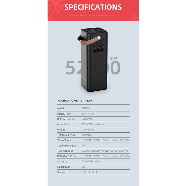 Trạm sạc dự phòng 200W YOOBAO 52800mAh tích hợp đèn pin siêu sáng phù hợp sử dụng dã ngoại, cắm trại,...