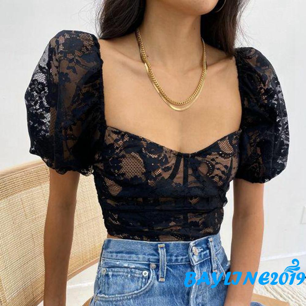 Áo Croptop Ren Hoa Tay Phồng Cổ Vuông Dáng Ôm Thời Trang Mùa Hè Dành Cho Bạn Nữ
