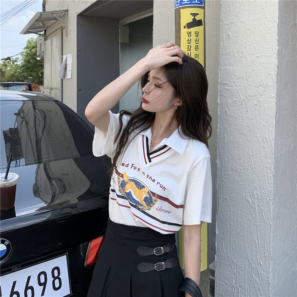 Áo polo Tay Ngắn Dáng Rộng Phong Cách vintage Thời Trang Mùa Hè Cho Nữ