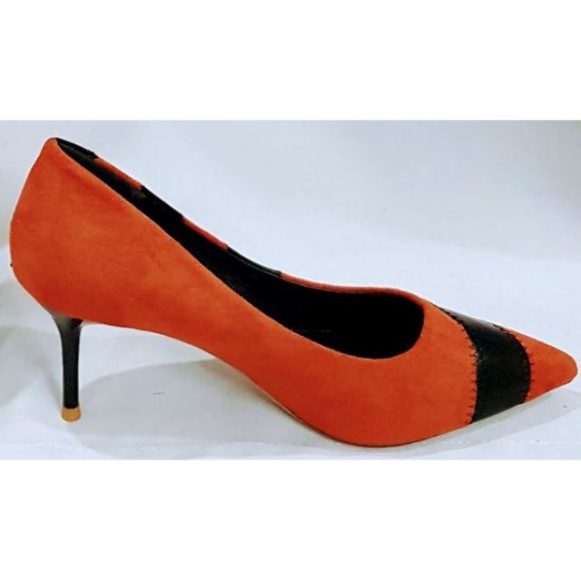 Giày cao gót QC, màu nâu cam cá tính, da lộn, mũi nhọn, size 36, got cao 7 phân, phù hợp đi tiệc và đi làm