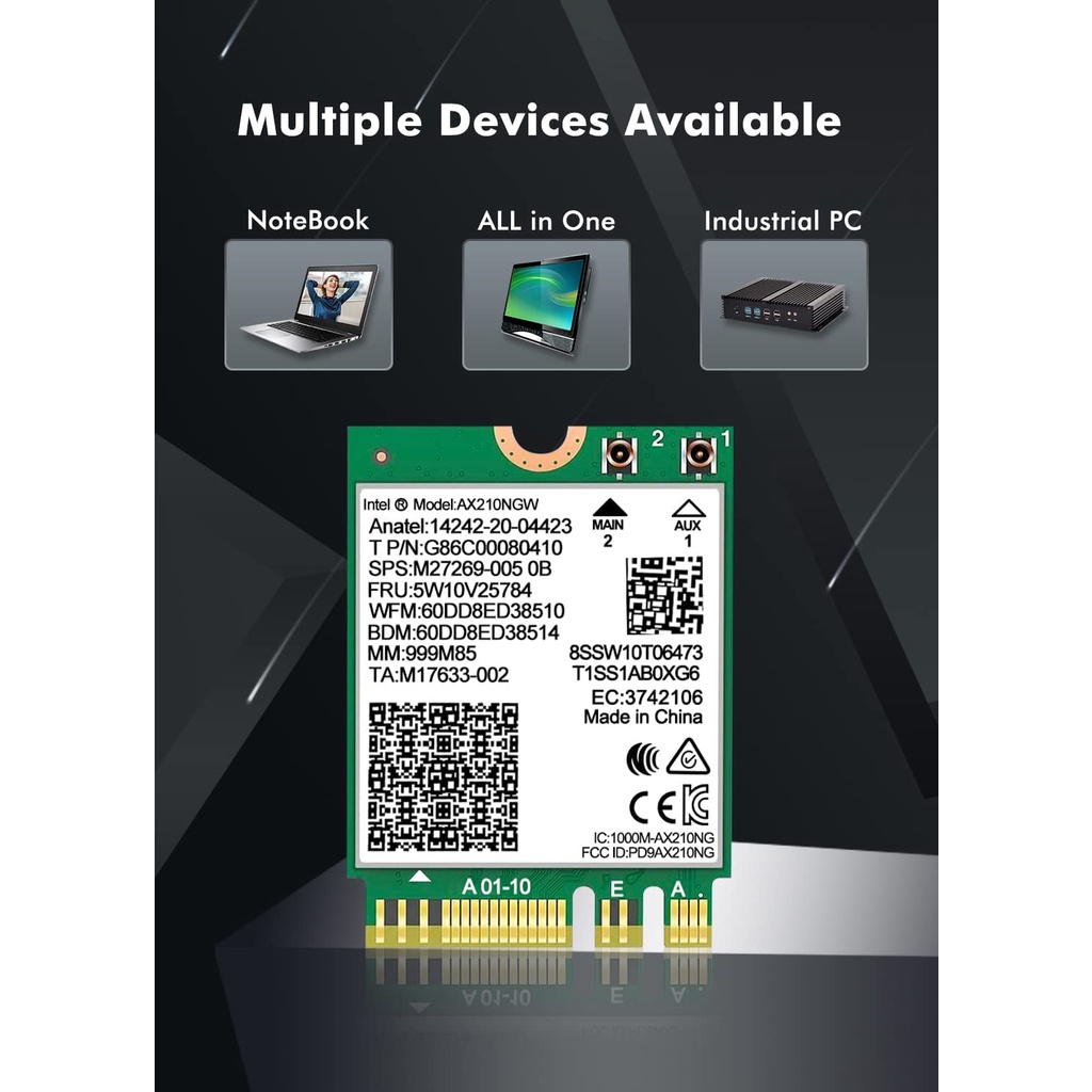 Thẻ Mạng WiFi 6E Intel AX210 NGW Ax200 Bluetooth 5.3 Tri-Band 5400Mbps Hỗ Trợ Windows 10 / 11  M.2 / NGFF
