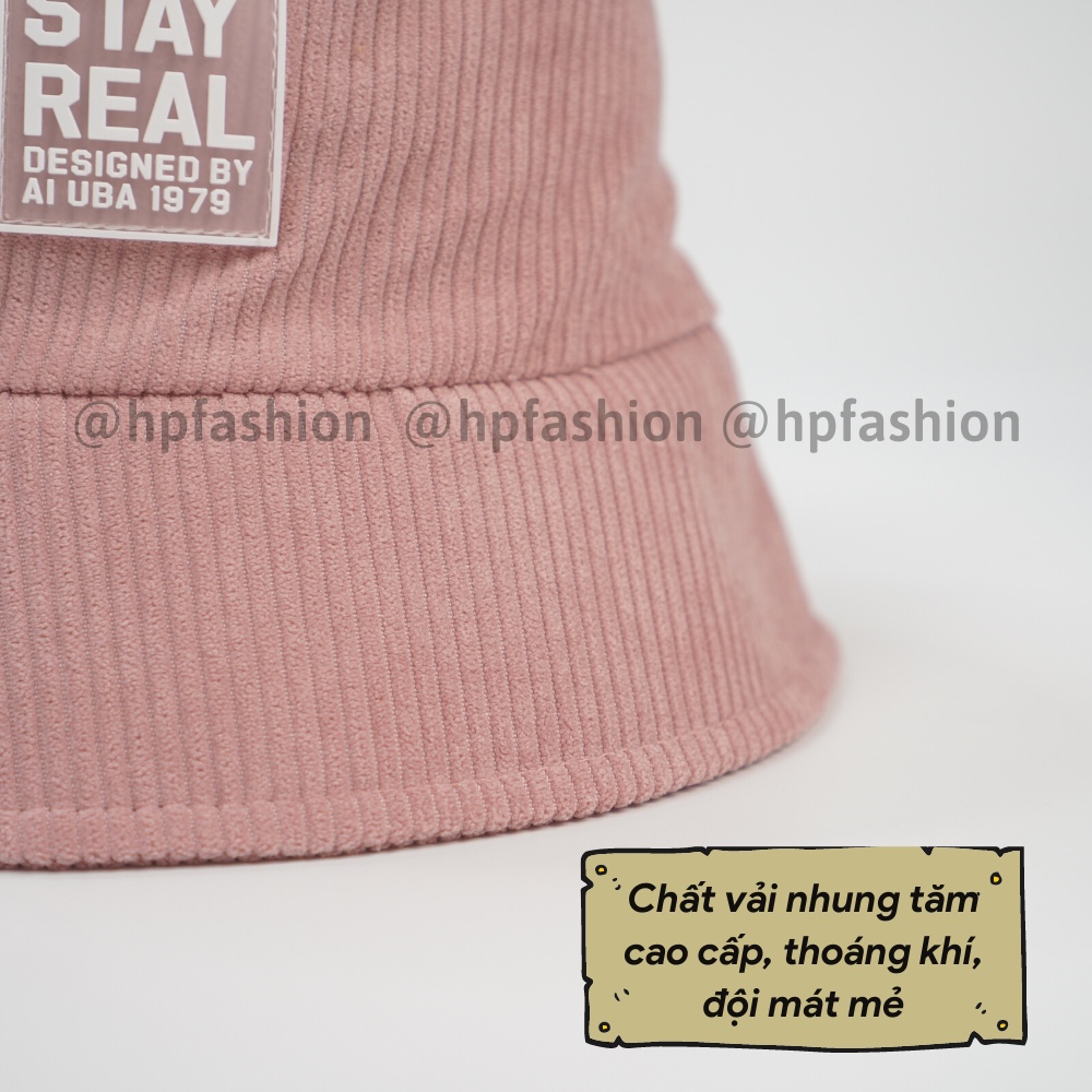Mũ BUCKET vành cụp ❤️ Nón tai bèo thêu tem STAY REAL chất nhung tăm cao cấp form unisex nam nữ N69 - Happy Style