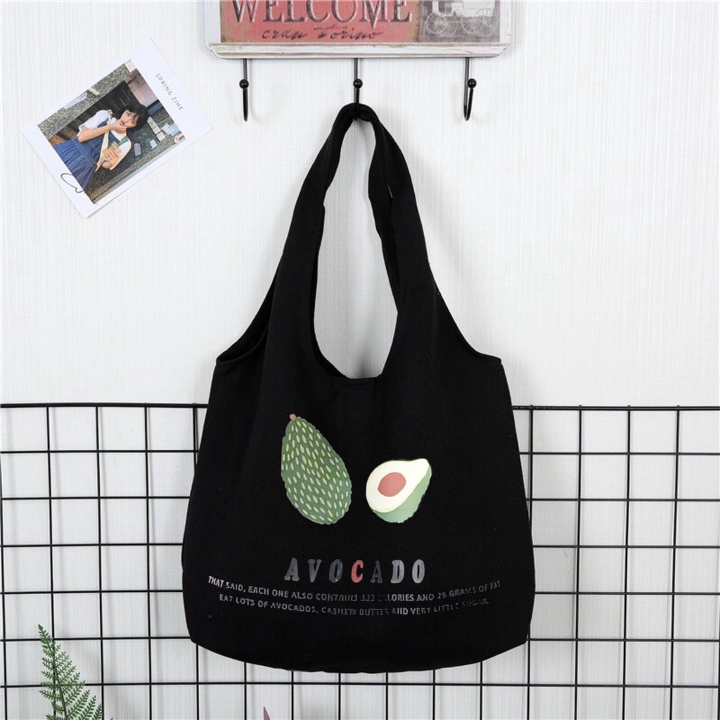 Túi tote Hazin túi vải canvas nữ hoạ tiết quả bơ đựng vừa laptop cỡ lớn đeo vai phong cách ulzzang