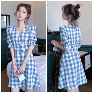 Đầm caro xanh nút bọc