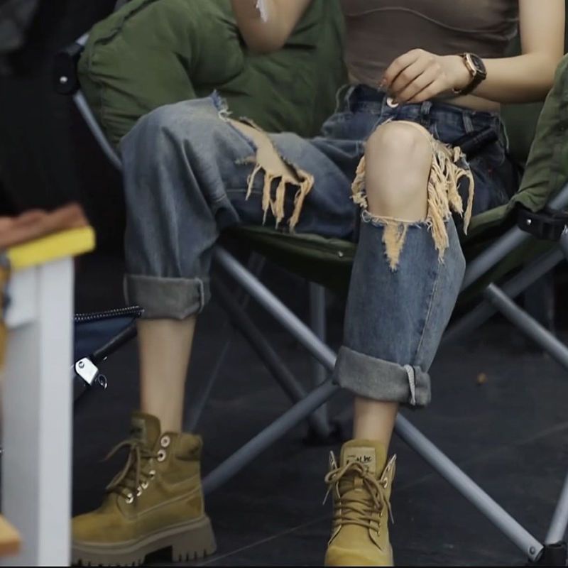 Jiashucheng Quần Jean Nữ Lưng Cao Ống Rộng Rách Gối Thời Trang