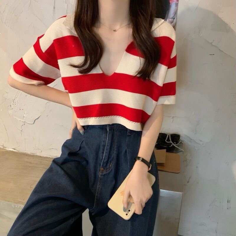 💥Áo len mongtoghi croptop kẻ ngang cổ đức xẻ V