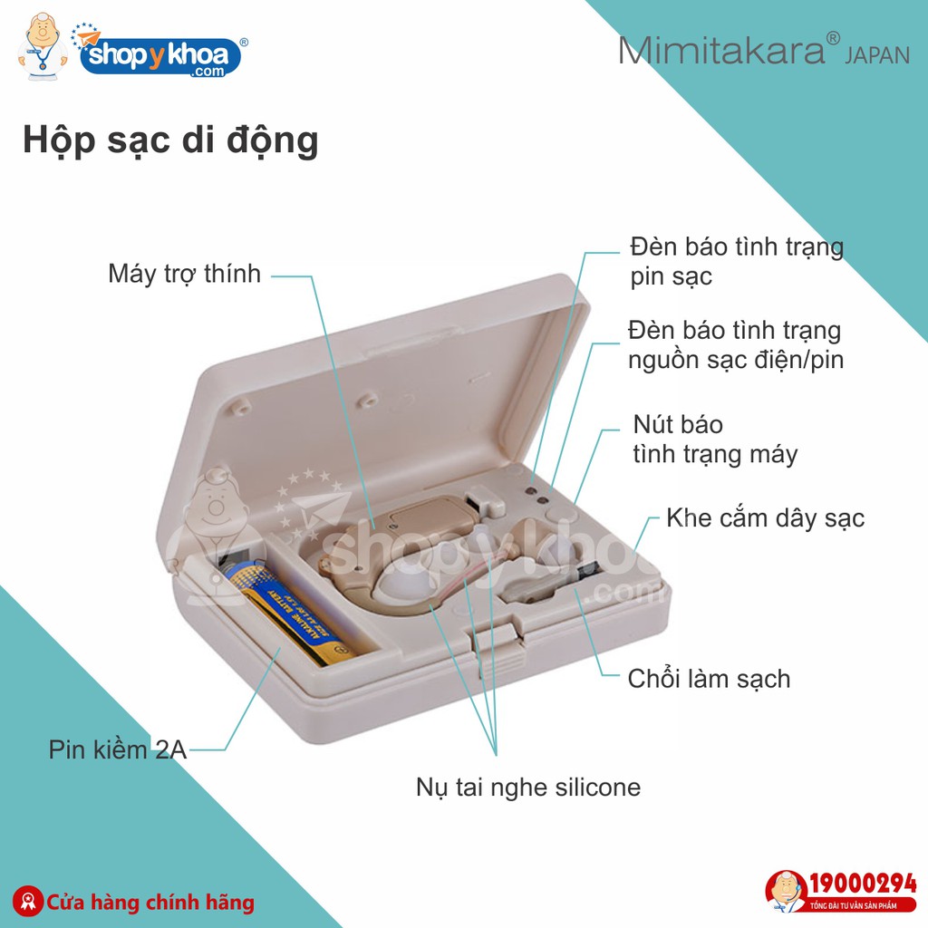 Máy Trợ Thính Vành Tai, Hộp Sạc Di Động Mimitakara  . Made In Taiwan
