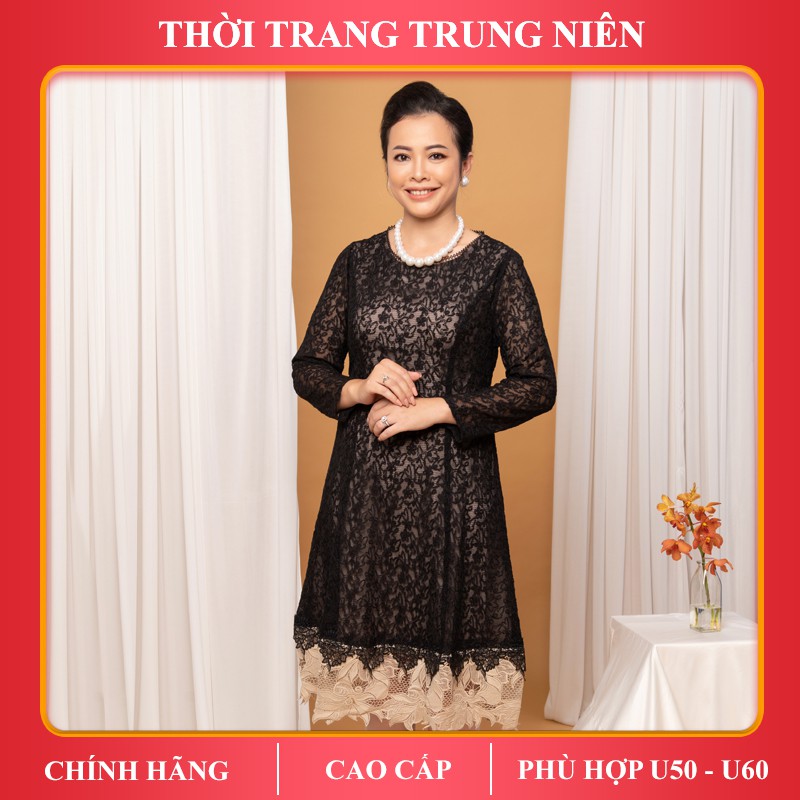 Đầm suông trung niên iDiva D14-10 chất liệu ren cao cấp, bigsize phù hợp u50 dự tiệc & du lịch