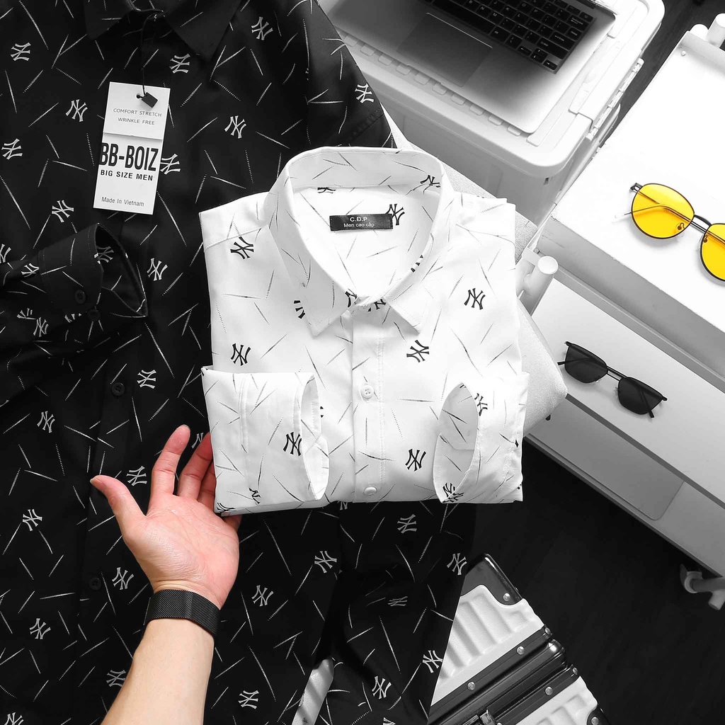 Áo sơ mi nam tay dài NY toàn thân bigsize thời trang màu trắng đen - 70-130kg