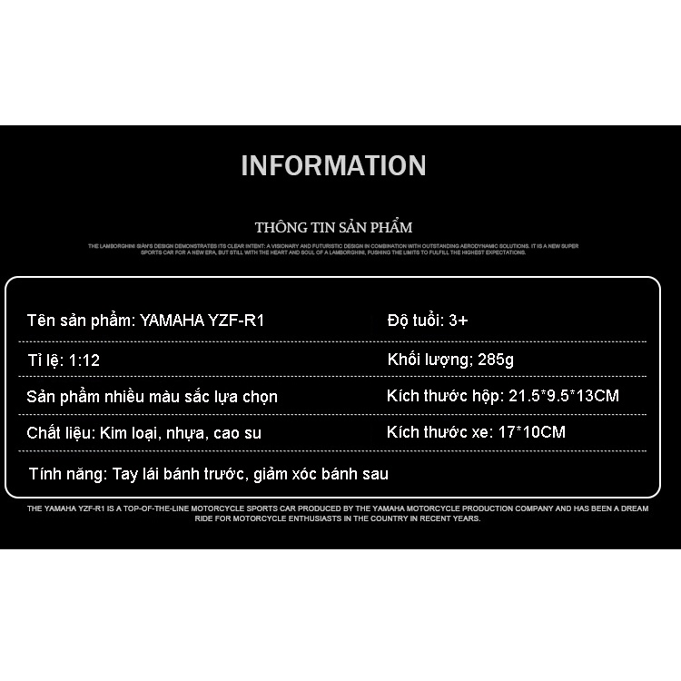 Mô hình xe Moto phân khối lớn Yamaha YZFR1 tỉ lệ 1:12 khung thép