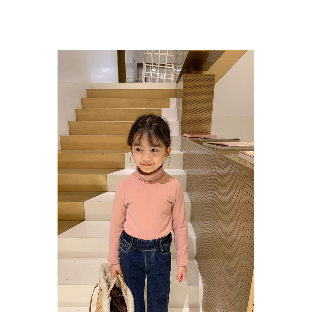 Girls' round neck middle neck basic shirt children's solid striped high collar cashmere T-shirt 2021 new autumn and winter fashion