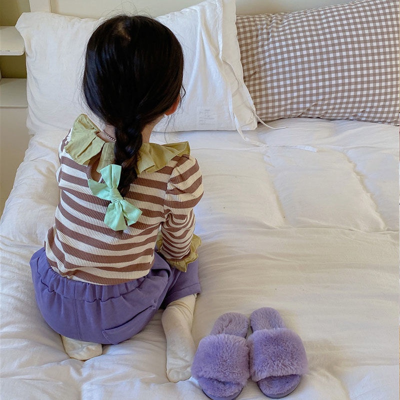 Áo Thun Tay Dài Phồng Cổ Búp Bê Họa Tiết Kẻ Sọc Thời Trang Mùa Thu Hàn Quốc Mẫu Mới 2022 Dành Cho Bé Gái