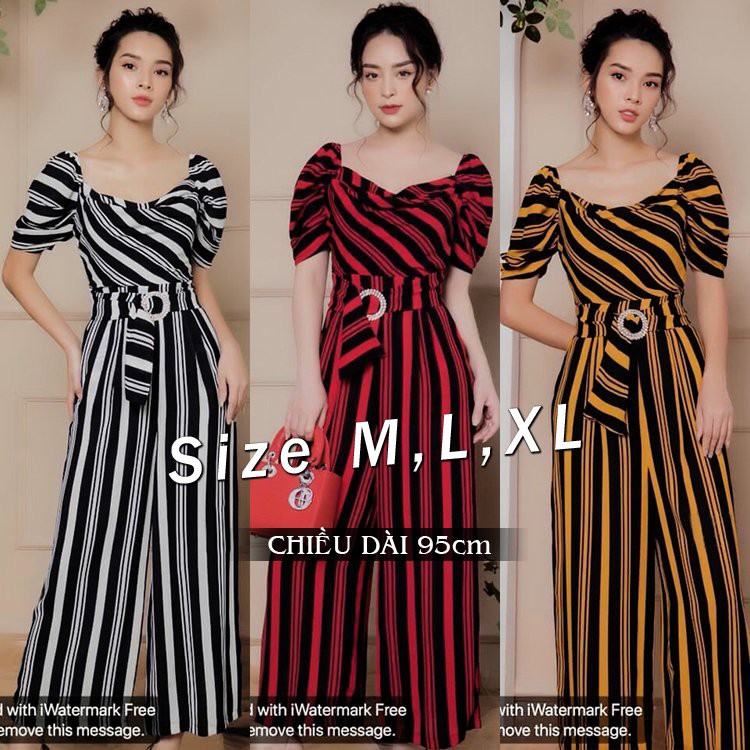 Jumpsuit dài ống suông ngực đổ kẻ sọc thiết kế cao cấp