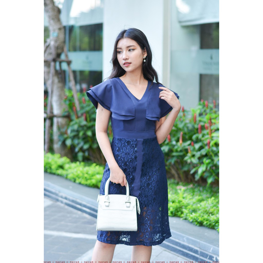 Đầm Classy Wing Sleeve Twinkle Lace Navy Dress HAVIAS