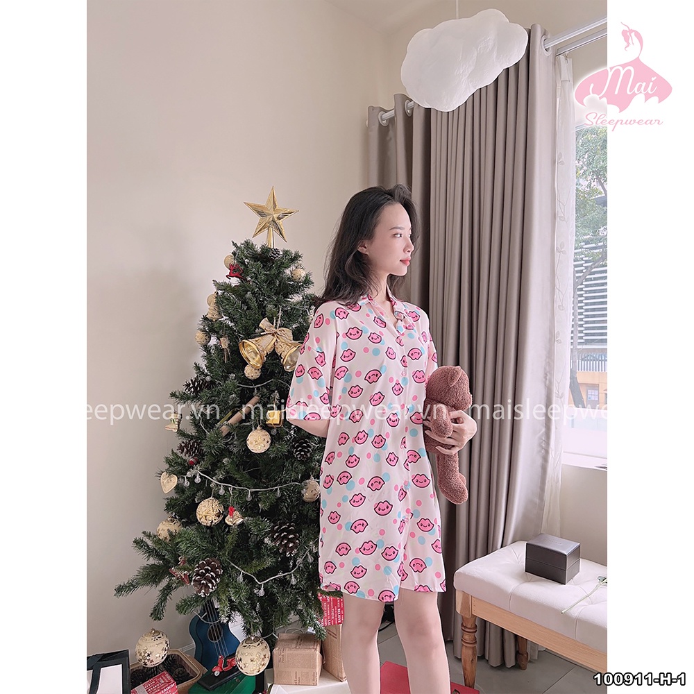 Đầm Ngủ Pyjama MAI SLEEPWEAR Lụa Mặc Nhà Họa Tiết Môi Hồng Trẻ Trung Cao Cấp MS911
