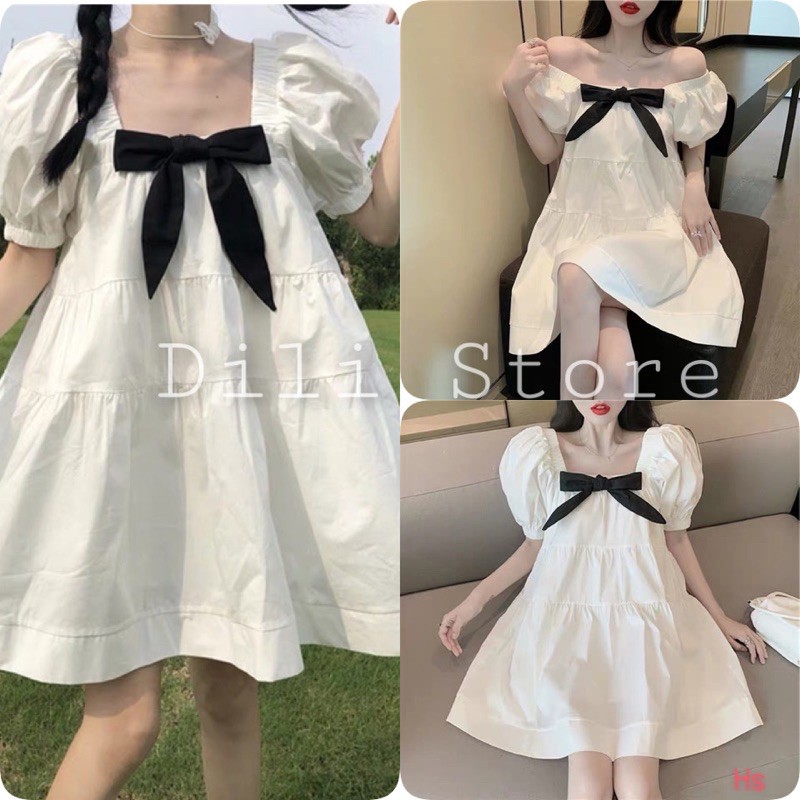 Đầm babydoll 🍍 Váy Babydoll Cổ Vuông Nơ Gài 🍍 FREESHIP 🍍 Đầm Trắng Nữ Cộc Tay Nơ Đen, đầm suông dáng xòe công chúa xinhh | BigBuy360 - bigbuy360.vn