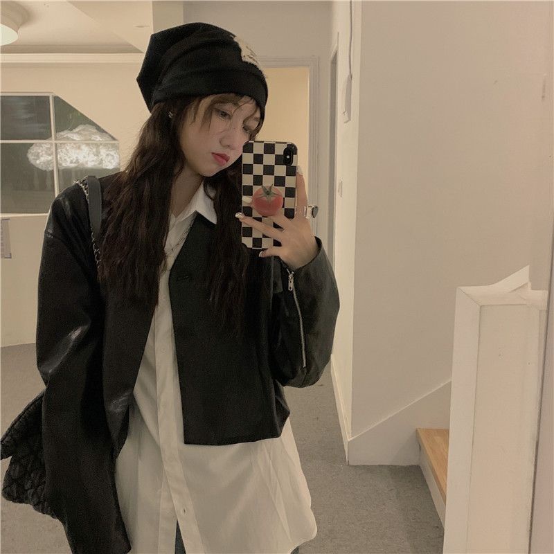 Áo Khoác Da Dáng Ngắn Rộng Cổ Chữ V Thời Trang Vintage 2022 Dành Cho Nữ